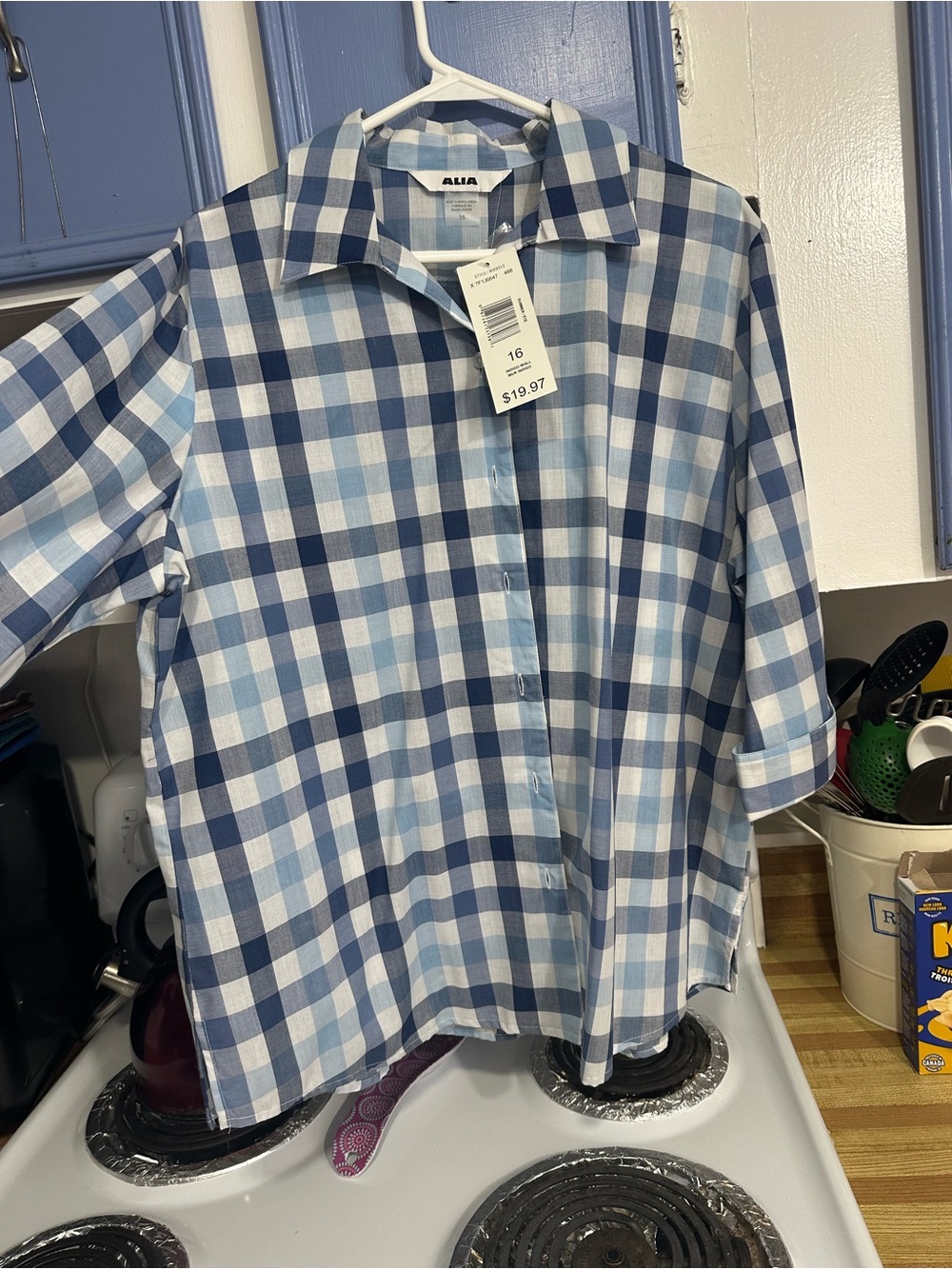 Alia Light Blue and Navy Plaid Button-Front Blouse